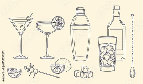 Collection of professional barware tools and classic cocktail glassware with ingredients for mixology and drink preparation hand-drawn vector illustration doodle art