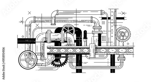 Intricate industrial pipes and gears system blueprint illustration. Mechanical engineering design with valves and machinery.