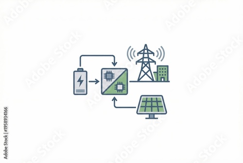 Efficient energy management system illustrating the flow of electricity from battery storage to solar panels and smart grid technology represented by various icons showcasing modern energy