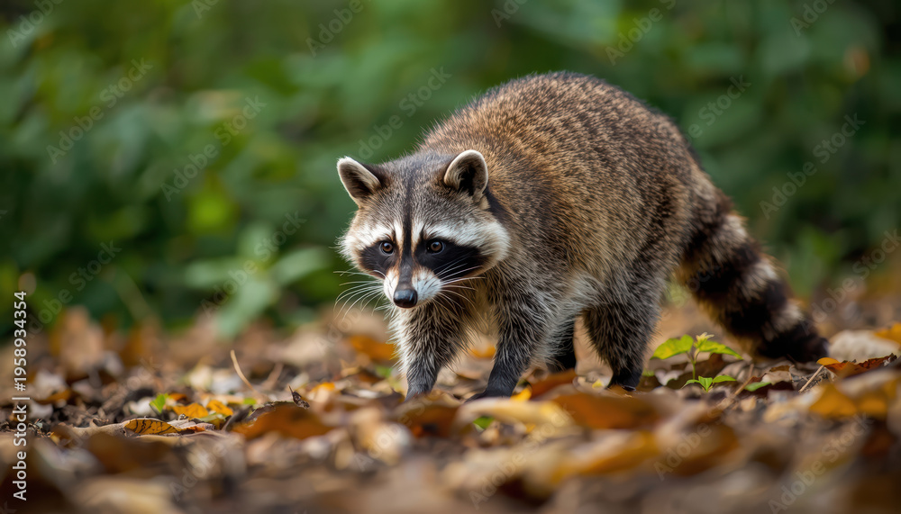 Obraz premium Raccoon forest ground foraging with autumn leaves, curious expression and soft light