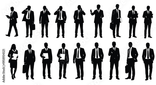 Collection of various black silhouette figures representing professional business men and one woman