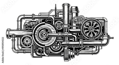 Intricate vintage industrial engine machinery illustration. Complex steampunk mechanism with gears, pipes, and valves in black and white.