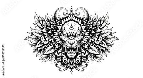 Gothic mythical creature illustration, detailed black and white fantasy demon head with ornate wings, horns, and intricate foliage