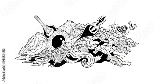 Abstract black and white intricate line art illustration with surreal elements, mountains, fluid shapes, and stylized details