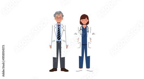 Professional male and female medical doctors standing together wearing white lab coats and uniforms