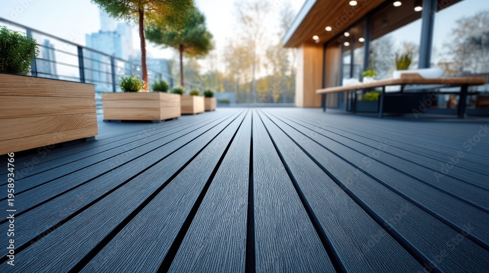 Fototapeta premium Modern outdoor patio deck with wooden flooring, potted plants, and seating area, bathed in soft natural light during early morning or late afternoon.