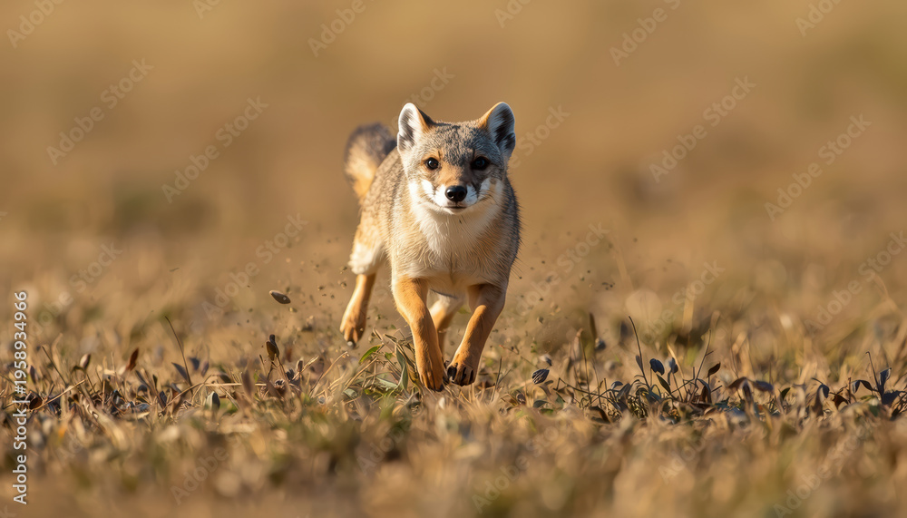 Fototapeta premium Running fox in golden grass with dynamic motion and focused expression