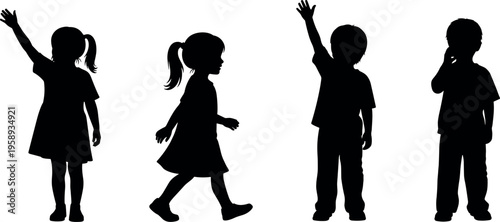 Collection of cute children silhouettes in different poses, waving, walking and thinking, isolated on light background, playful kids activity concept, childhood movement gestures illustration set