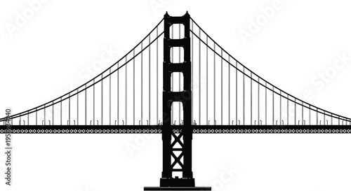 Stylized black and white silhouette illustration of the iconic suspension structure of the Golden Gate Bridge