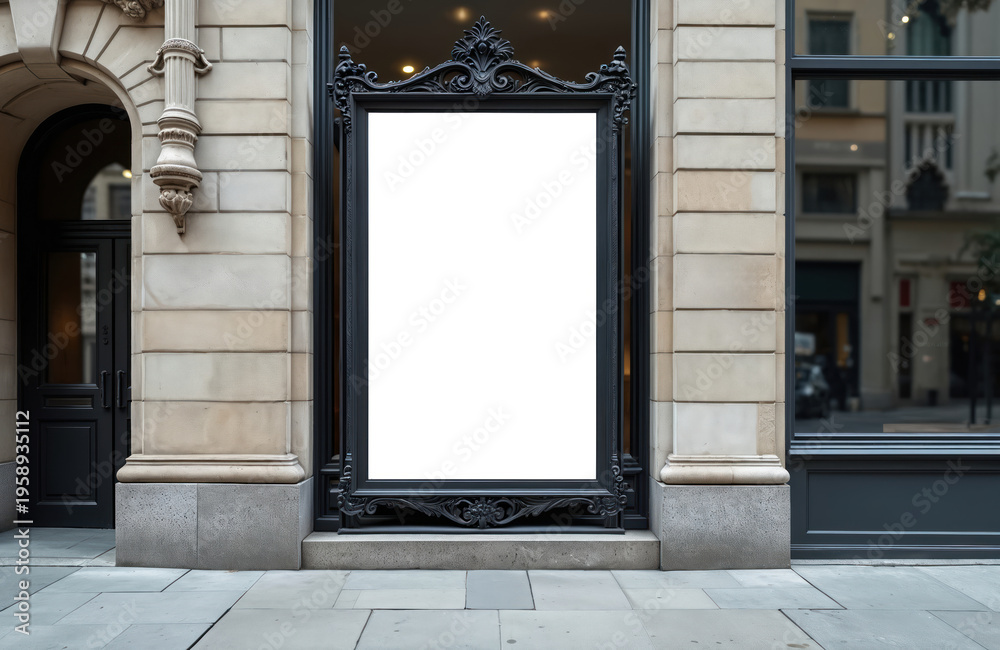 Fototapeta premium Blank white billboard on ornate black frame affixed to classic building exterior. Empty advertisement space in busy city street near retail store entrance and window.