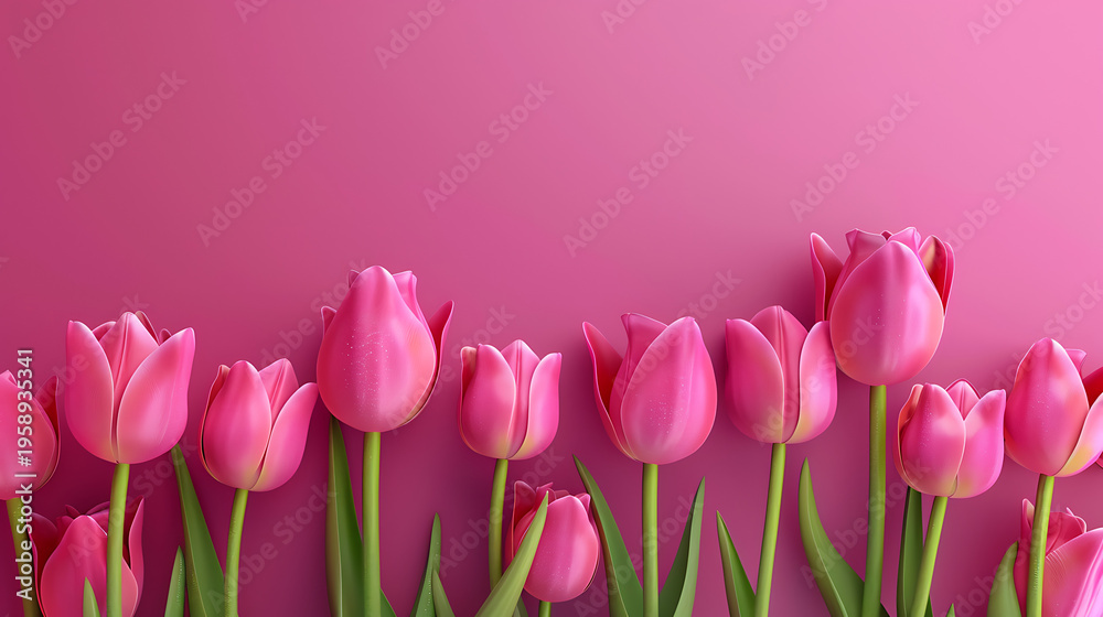 Fototapeta premium Blooming pink tulips on magenta background with large top copy space for Mother's Day and wedding invitations.