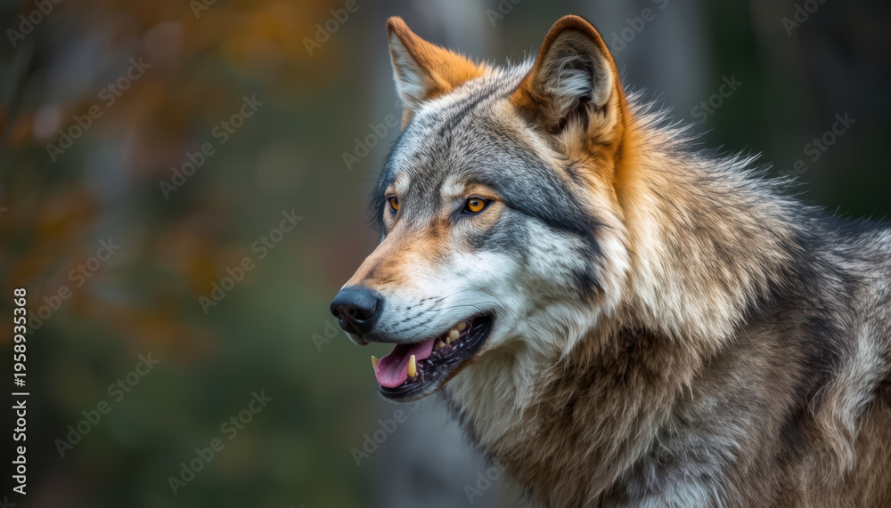 Fototapeta premium Gray wolf portrait amber eyes fur detail forest background calm expression
