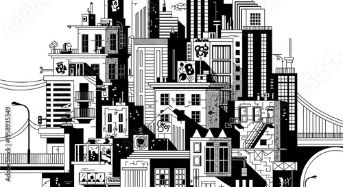 Detailed Black and White Urban Cityscape Illustration with Modern Buildings, Skyscrapers, and Architectural Elements - Graphic Design