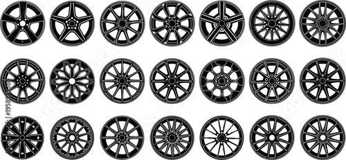 Car wheel rim silhouette vector set featuring various alloy spoke designs for automotive styling and tire shop icons isolated on white background.