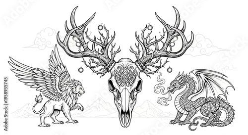 Intricate fantasy creatures set: Majestic griffin, fearsome dragon, and detailed deer skull with ornate antlers. Mythical beasts vector art.