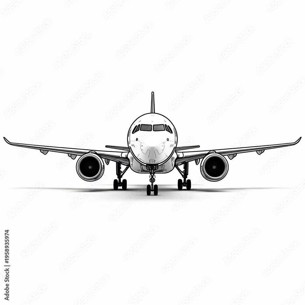 Fototapeta premium Modern jet airplane front view. White passenger aircraft with large wings and engines. Commercial airliner ready for takeoff or landing on runway. Aviation transport symbol.