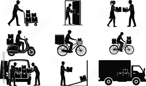 Delivery and logistics silhouette set featuring courier service icons with trucks, vans, scooters, bicycles, and workers carrying cardboard boxes for shipping and transport designs.
