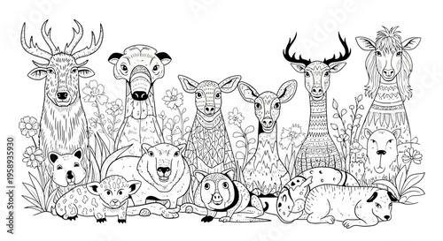Decorative adult coloring book page with intricate line art of various deer, stags, sheep, and fawns in a floral landscape.