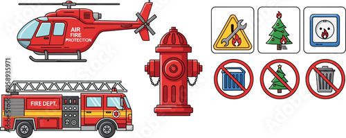 Firefighter equipment vector set featuring fire truck, rescue helicopter, red hydrant, and safety icons for emergency prevention, fire protection, and public safety education designs.