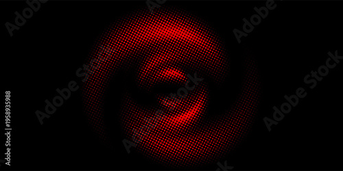 Abstract red halftone spiral pattern on a deep black background, creating a striking optical illusion of a swirling vortex.