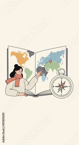 Discover The World Map With Compass Girl Points To Destination