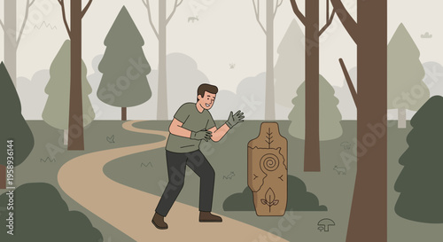 Discovering Ancient Totem In A Serene Forest Landscape