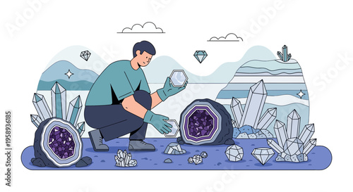 Discovering Geological Wonders Person Examining Natural Amethyst Geode Crystals