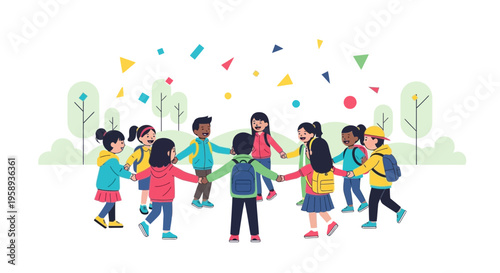 Diverse Children Holding Hands In A Circle With Confetti Falling