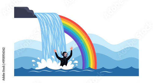 Diver Experiencing Joyful Wonder Beneath A Rainbow Waterfall