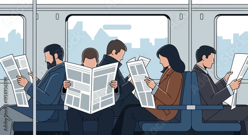 Diverse Commuters Engaged Reading Newspapers On A Subway Train During Morning Rush Hour