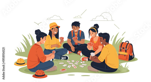 Diverse Friends Enjoying Card Games During Outdoor Picnic Adventure