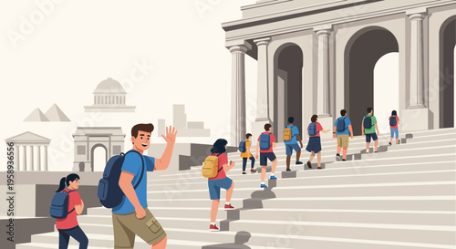 Diverse Group Ascends Grand Steps Toward Architectural Landmark