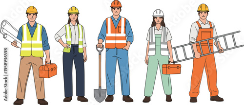 Group of diverse construction workers wearing safety helmets and vests holding tools equipment representing engineering team, building industry workforce, manual labor, repair maintenance concept 