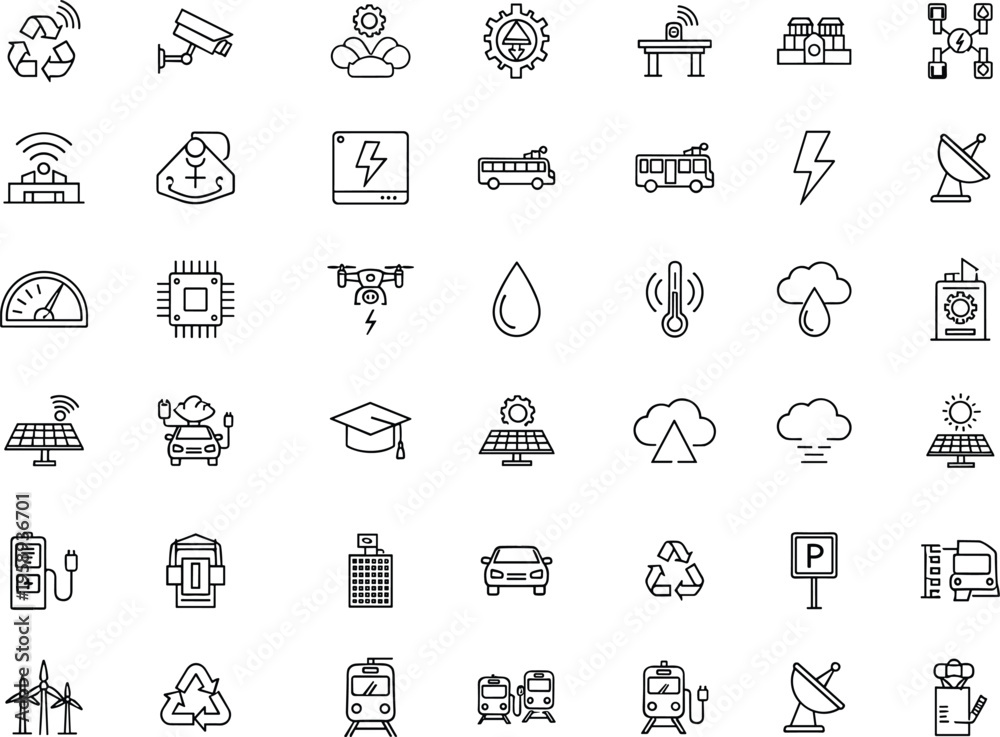Fototapeta premium Smart energy technology line icons renewable power electric transport eco system network automation industry vector outline collection design set