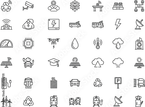 Smart energy technology line icons renewable power electric transport eco system network automation industry vector outline collection design set