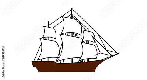 A majestic sailing ship navigates through calm waters with full sails and a brown hull in a serene landscape.
