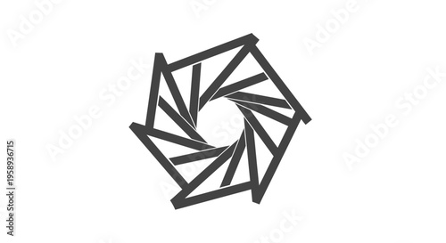 A close-up view of a geometric metal structure resembling a camera aperture made of interconnected lines forming a polygonal shape on a plain white background.