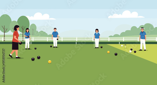 Diverse Group Engaged In A Friendly Lawn Bowling Match On A Sunny Day