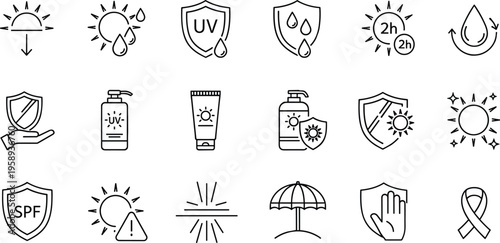 Sun protection line icons UV SPF sunscreen skincare safety symbols summer heat shield vector outline collection health protection design