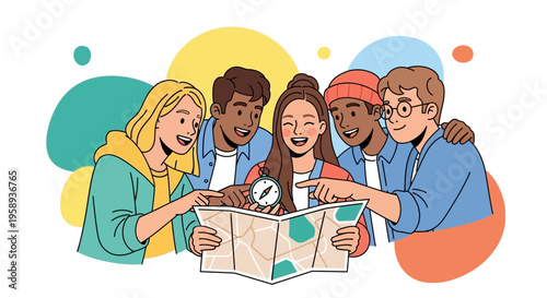 Diverse Group Of Friends Planning A Journey Together With A Map And Compass