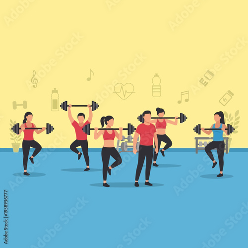 Diverse Group Engaged In Energetic Barbell Fitness Class