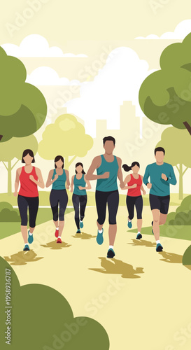 Diverse Group Engaged In Energizing Outdoor Morning Run Through Scenic Park