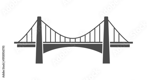 A sleek suspension bridge spans across a scenic landscape, featuring cables, towers, and a road deck in a serene outdoor setting with a clear view.