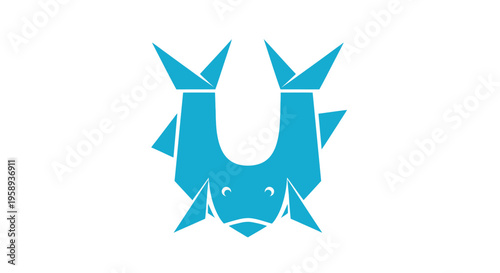 A blue origami dinosaur with folded paper spikes stands alone on a white surface in a creative illustration.