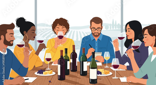 Diverse Group Enjoys Wine Tasting Experience Amidst Vineyard Scenery