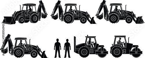 Heavy construction machinery silhouette set featuring backhoe loaders and road rollers with operators plus worker figures for industrial building site projects and engineering vector designs