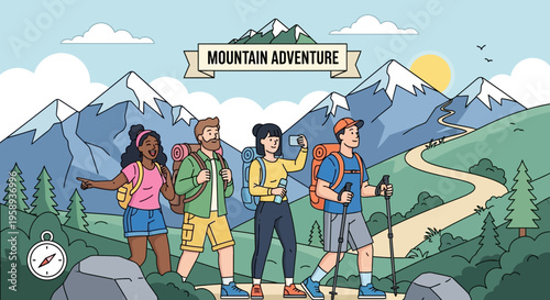 Diverse Hikers Embrace Majestic Mountain Adventure Outdoors Together