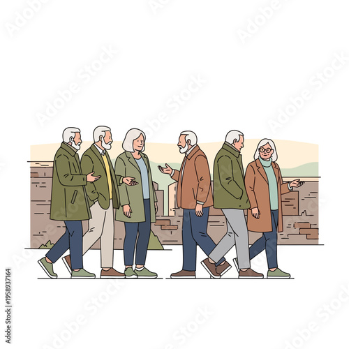 Diverse Seniors Engaging in Conversation Outdoors Amidst Urban Scenery