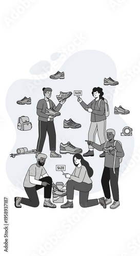 Diverse Shoppers Choosing Footwear And Accessories For Outdoor Adventures