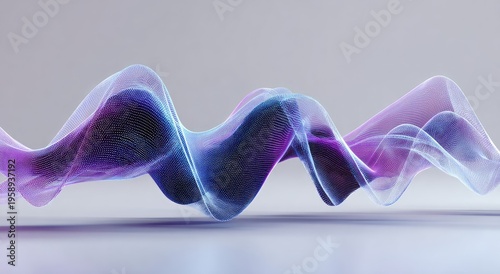 A mesmerizing, abstract, flowing, translucent wave form with purple and blue hues, against light gray